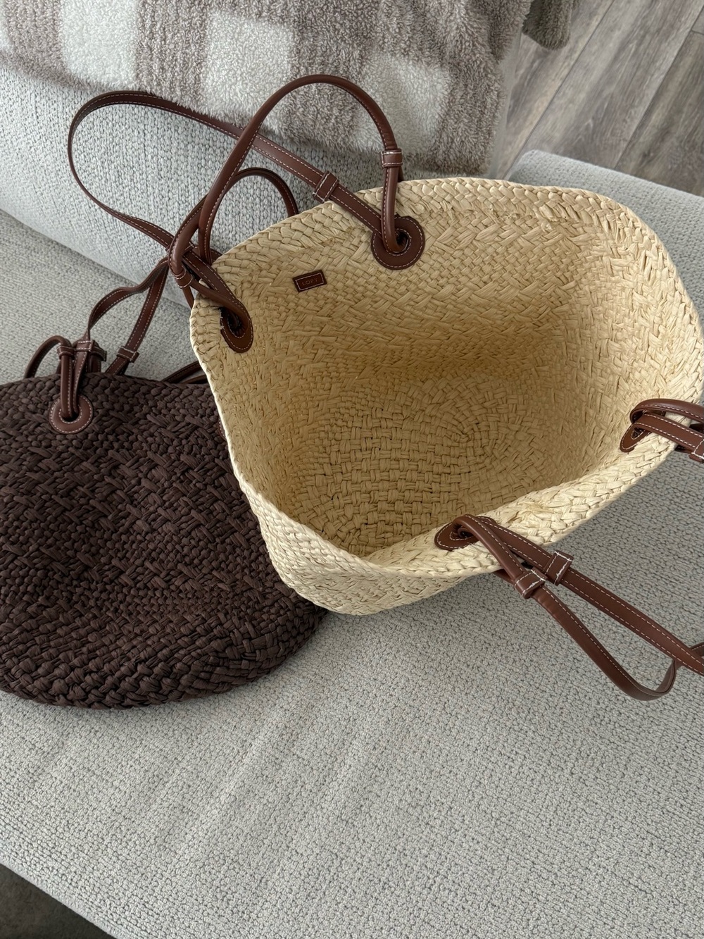 Woven Straw Tote Bag with Brown Leather Handles - Natural / Dark Brown - Picture 2 of 6